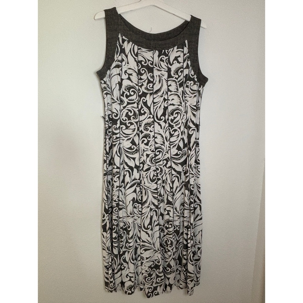 Perceptions New York Sleeveless Midi Dress XL Black White Scroll Floral Pleated